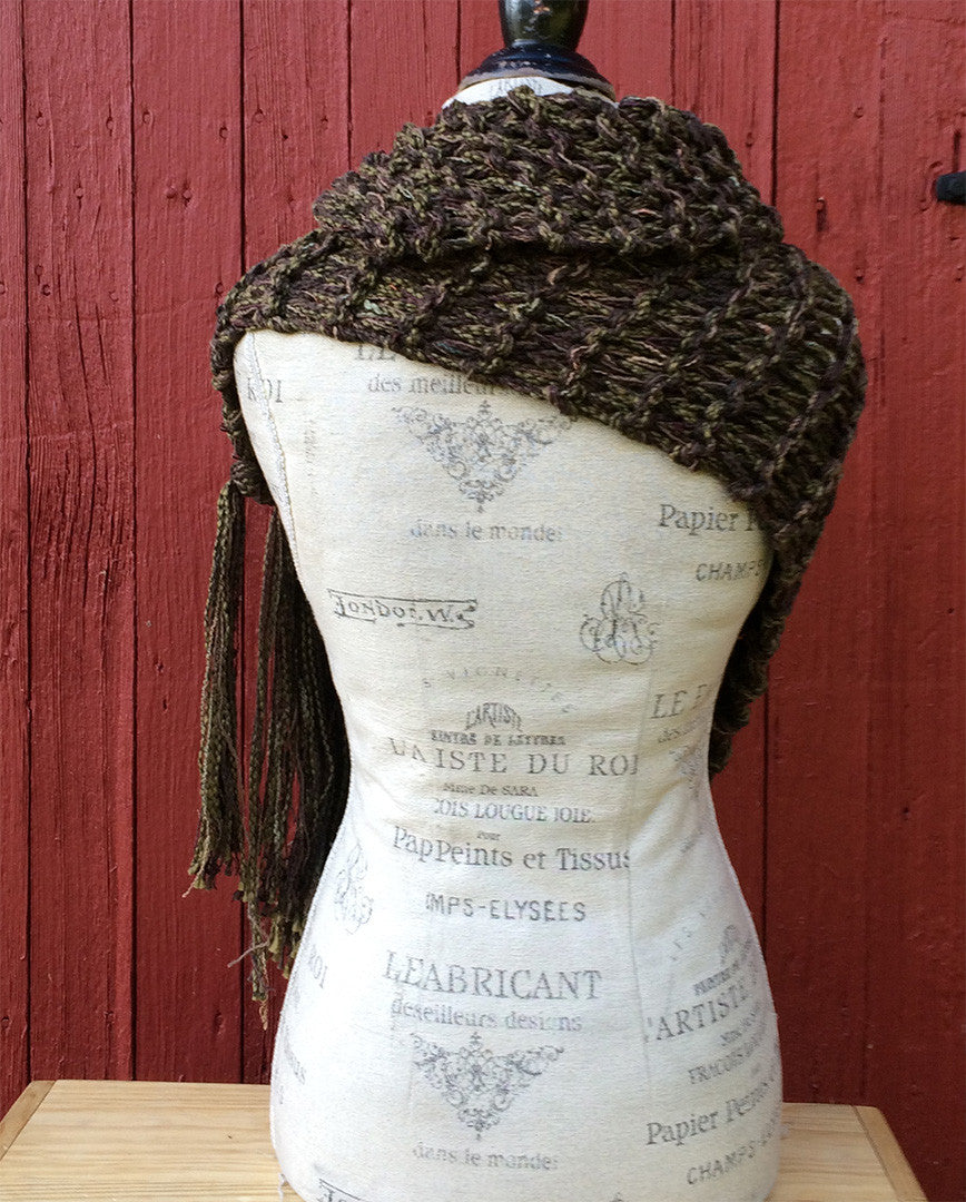 Luxe Brown & Green Tweed Shawl w/Fringe