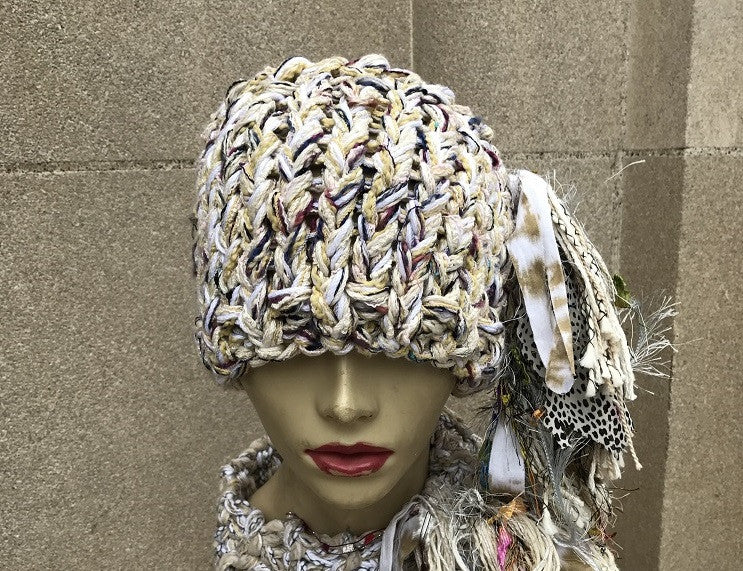 Funky Chic Creamy Yellow Tweed Ponytail/Bun Hat, (PB2)
