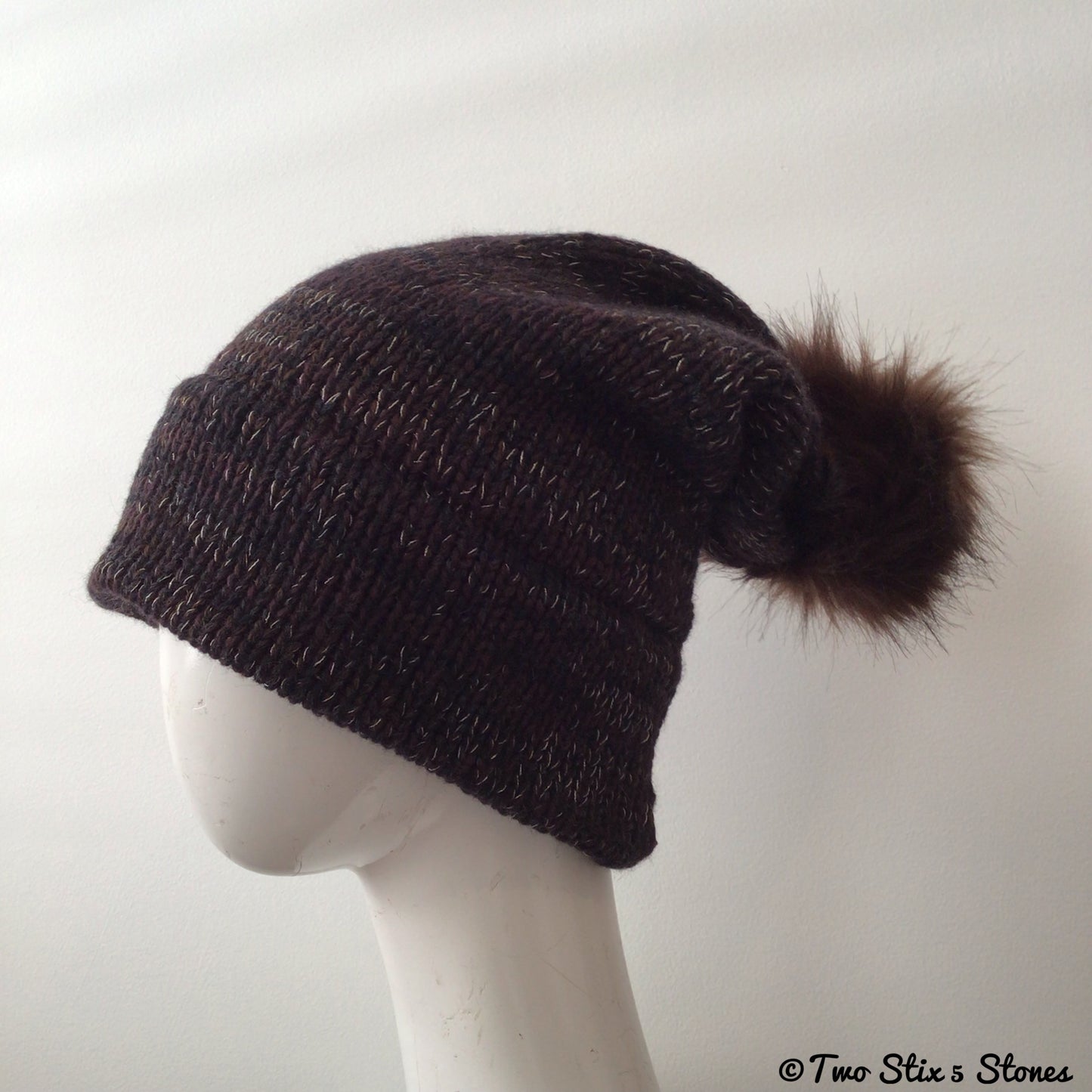Luxe Chocolate Tweed Beanie/Slouchy Beanie w/Faux Fur Pom Pom
