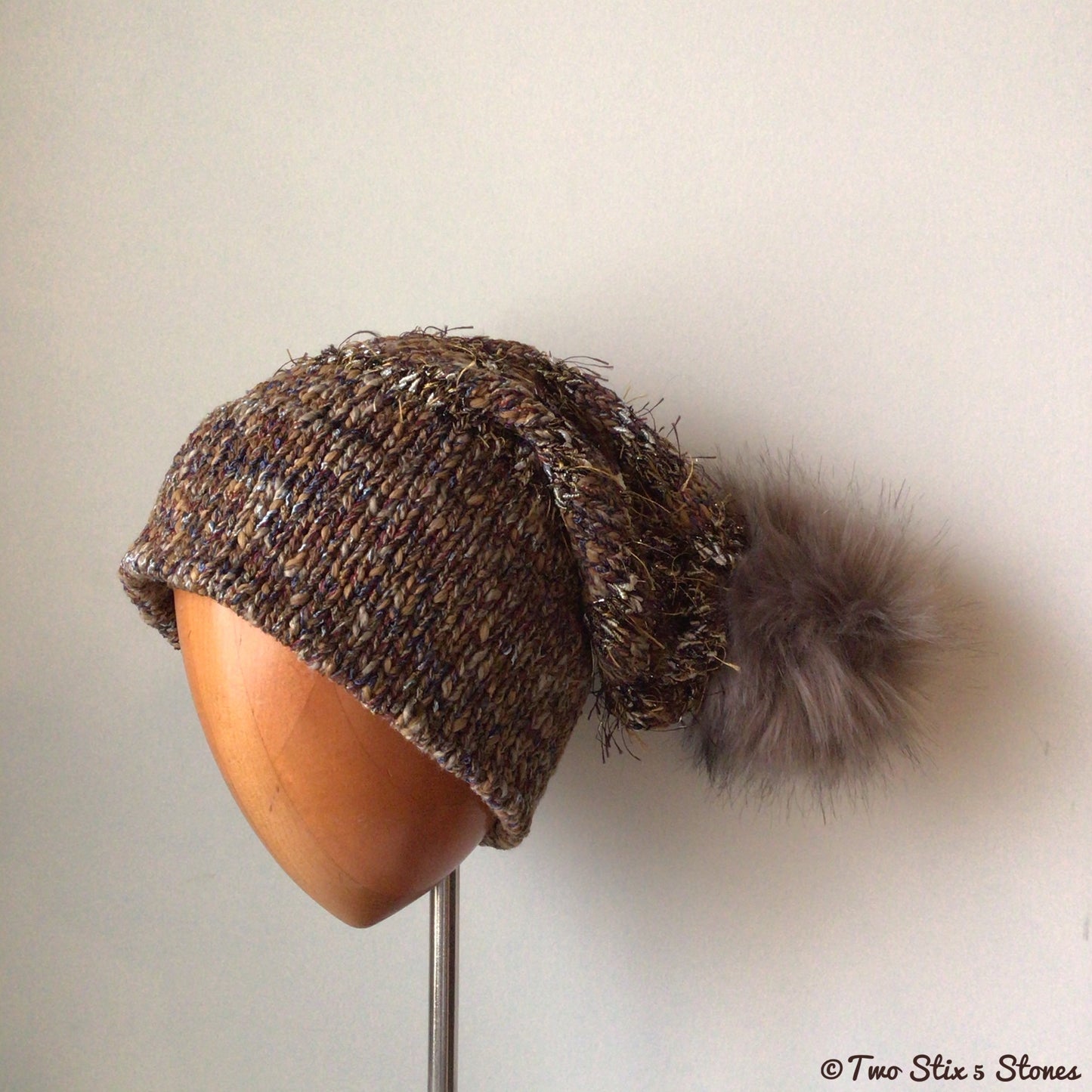Luxe Mocha *Funky Tweeds* Faux Fur Pom-Pom Beanie/Slouchy Beanie