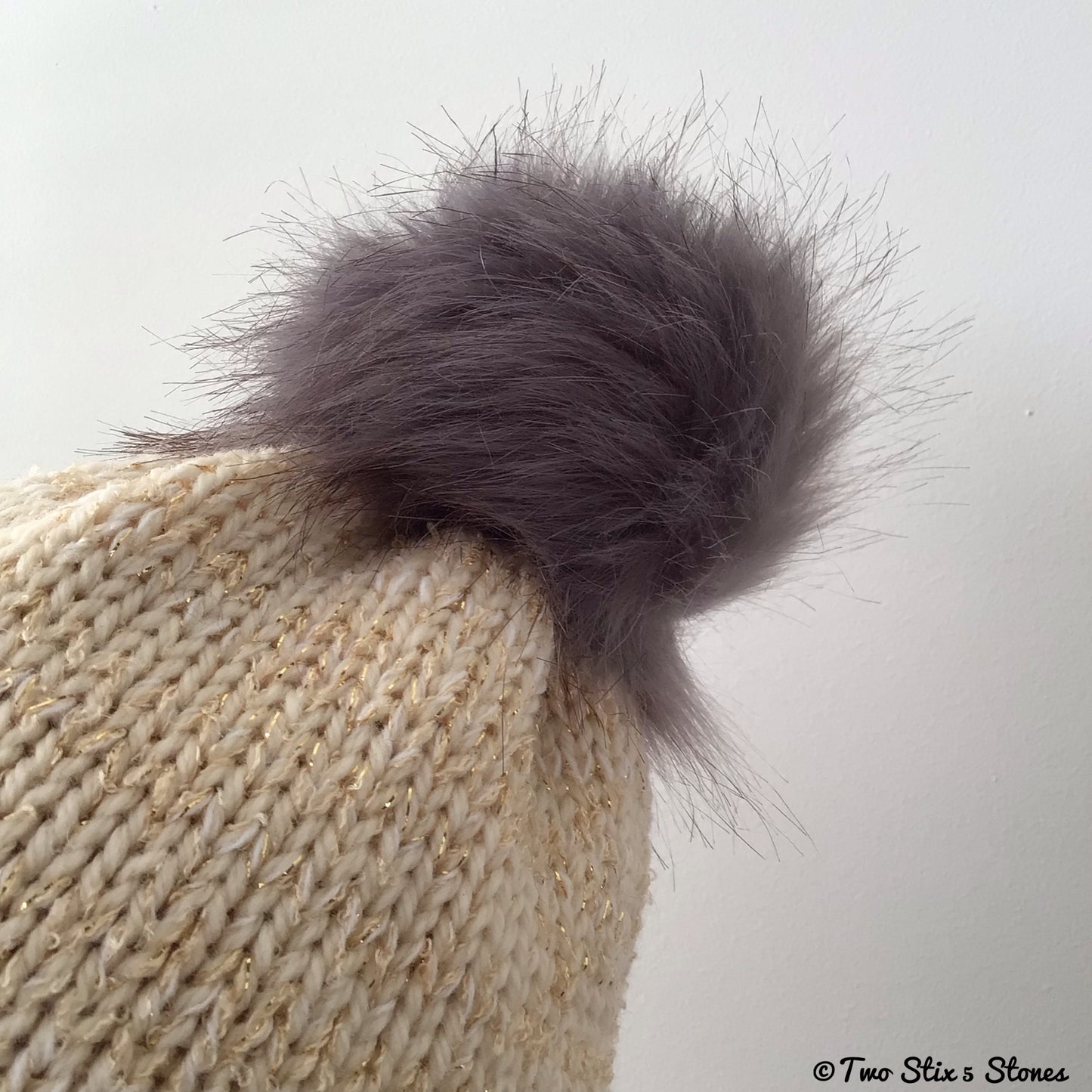 Cream & Metallic Tweed Beanie/Slouchy Beanie w/Faux Fur Pom Pom
