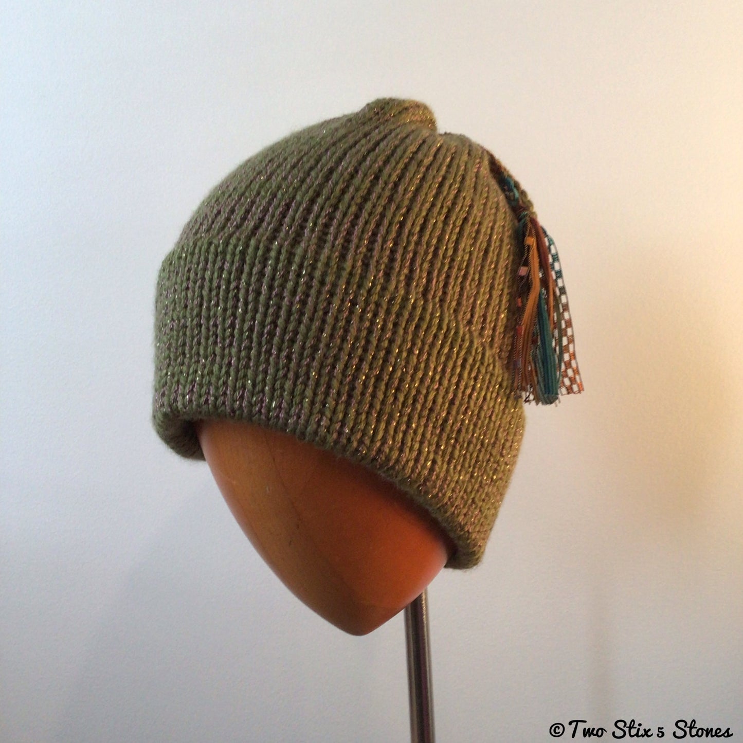 Green Tweed Knit Beanie w/Funky Tassel