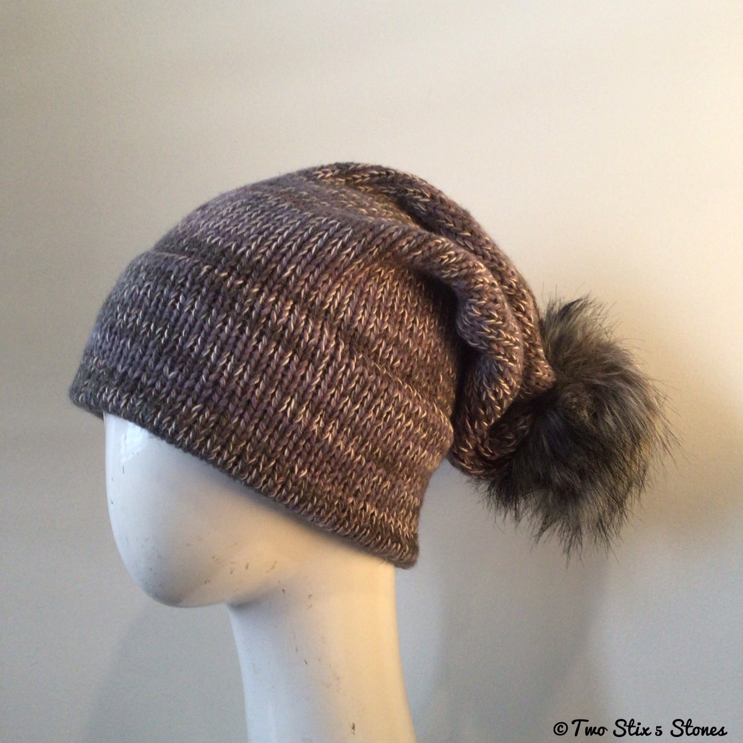 Grey Tweed Knit Beanie/Slouchy Beanie w/Faux Fur Pom Pom