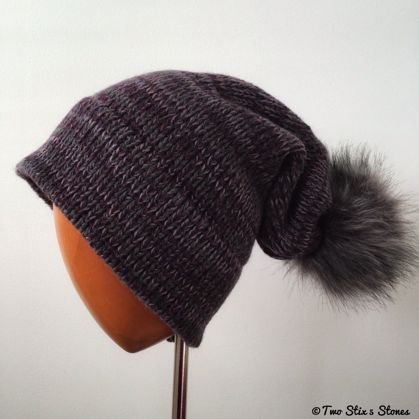 Grey Tweed Beanie/Slouchy Beanie w/Faux Fur Pom Pom