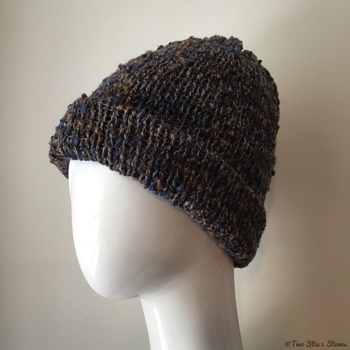 Navy Blue/Tan/Grey Tweed Rolled Beanie