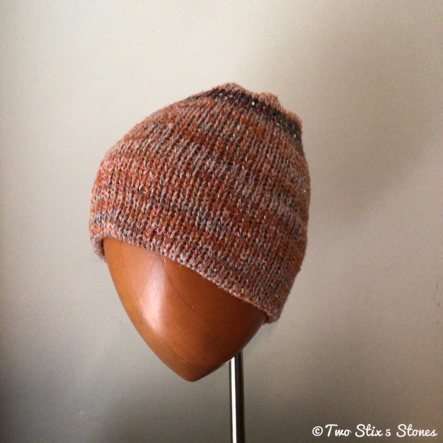 Rust & Gold Metallic Tweed Beanie w/Brim & Faux Fur Pom