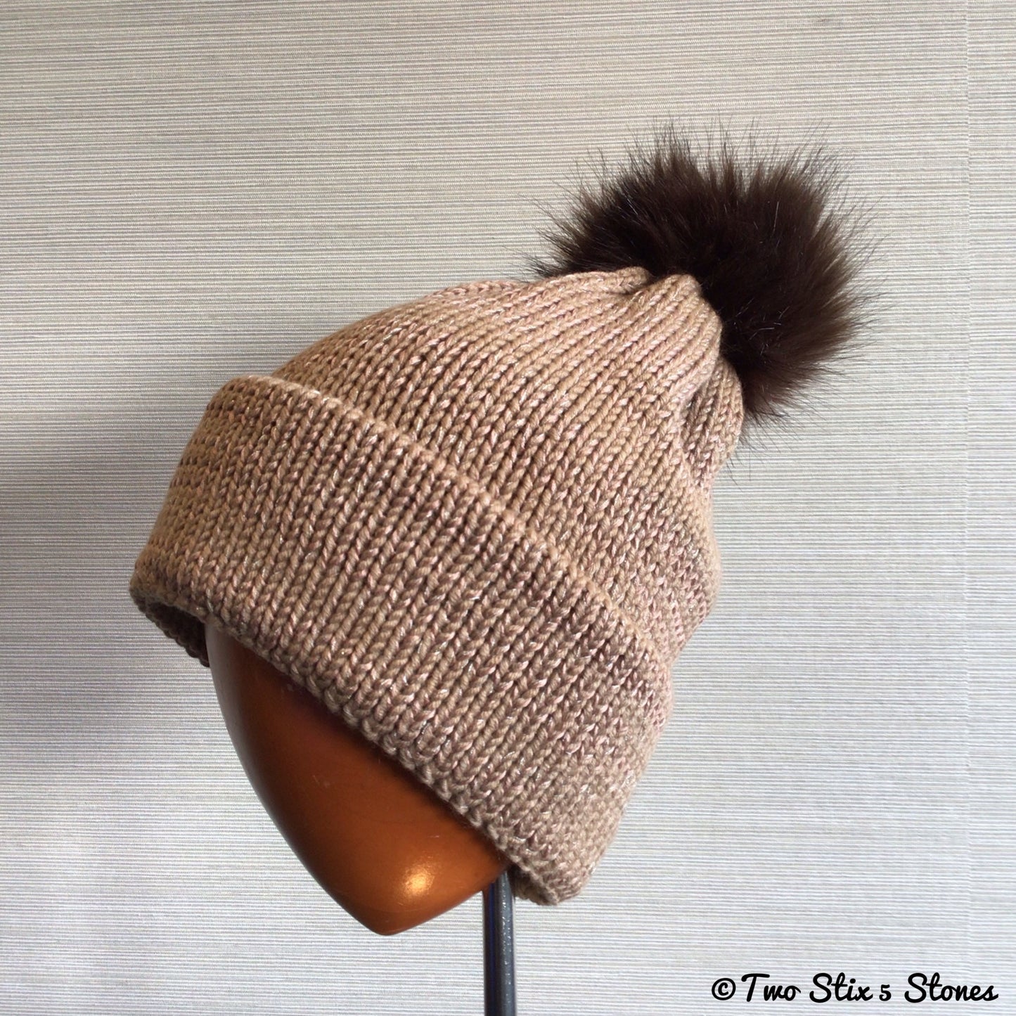 Camel Tweed Beanie/Slouchy Beanie w/Faux Fur Pom Pom