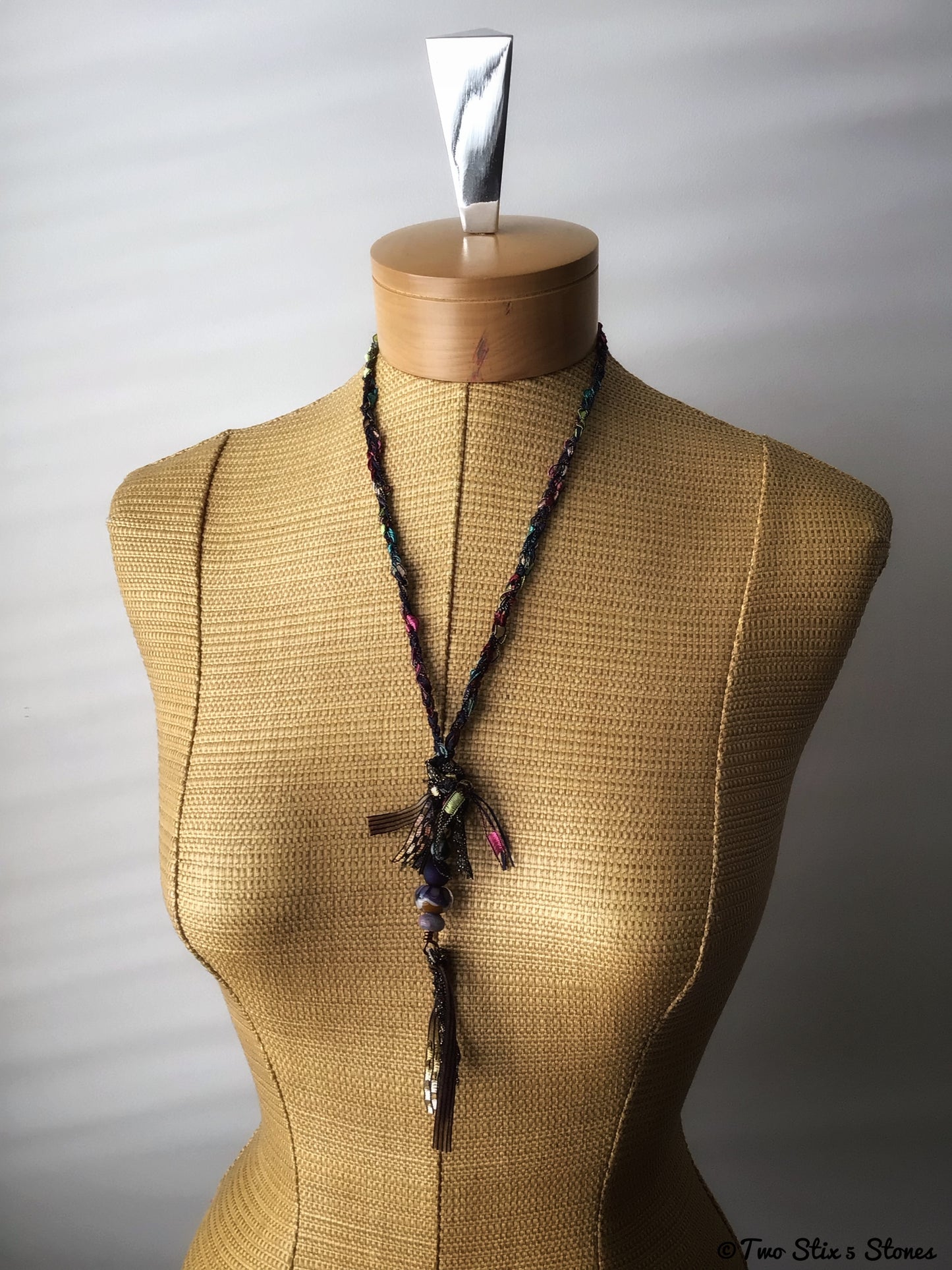 Fiber Necklace w/Semi-Precious Stones & Handmade Glass Bead