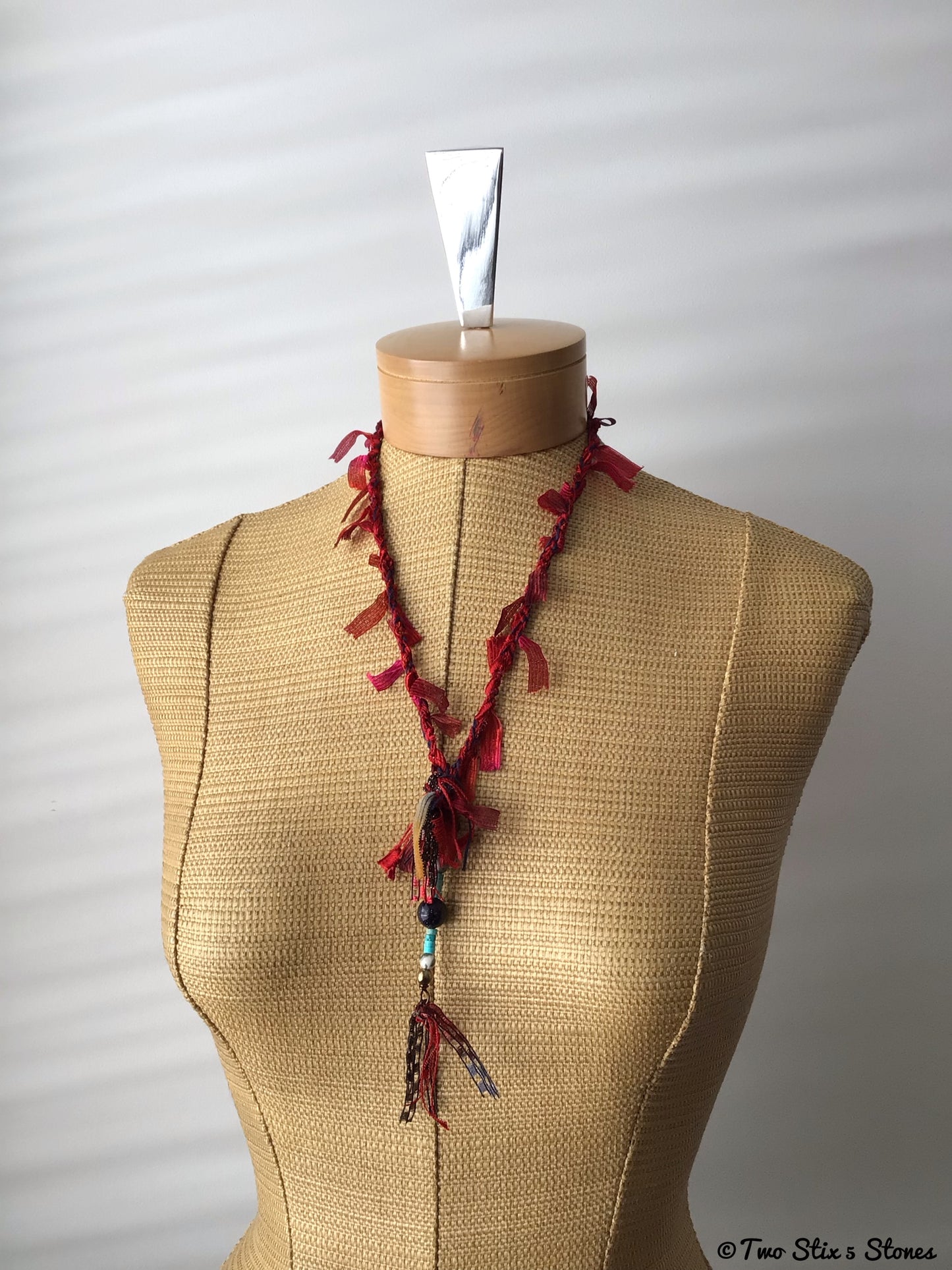 Funky Red Fiber Necklace w/Semi-Precious Stones