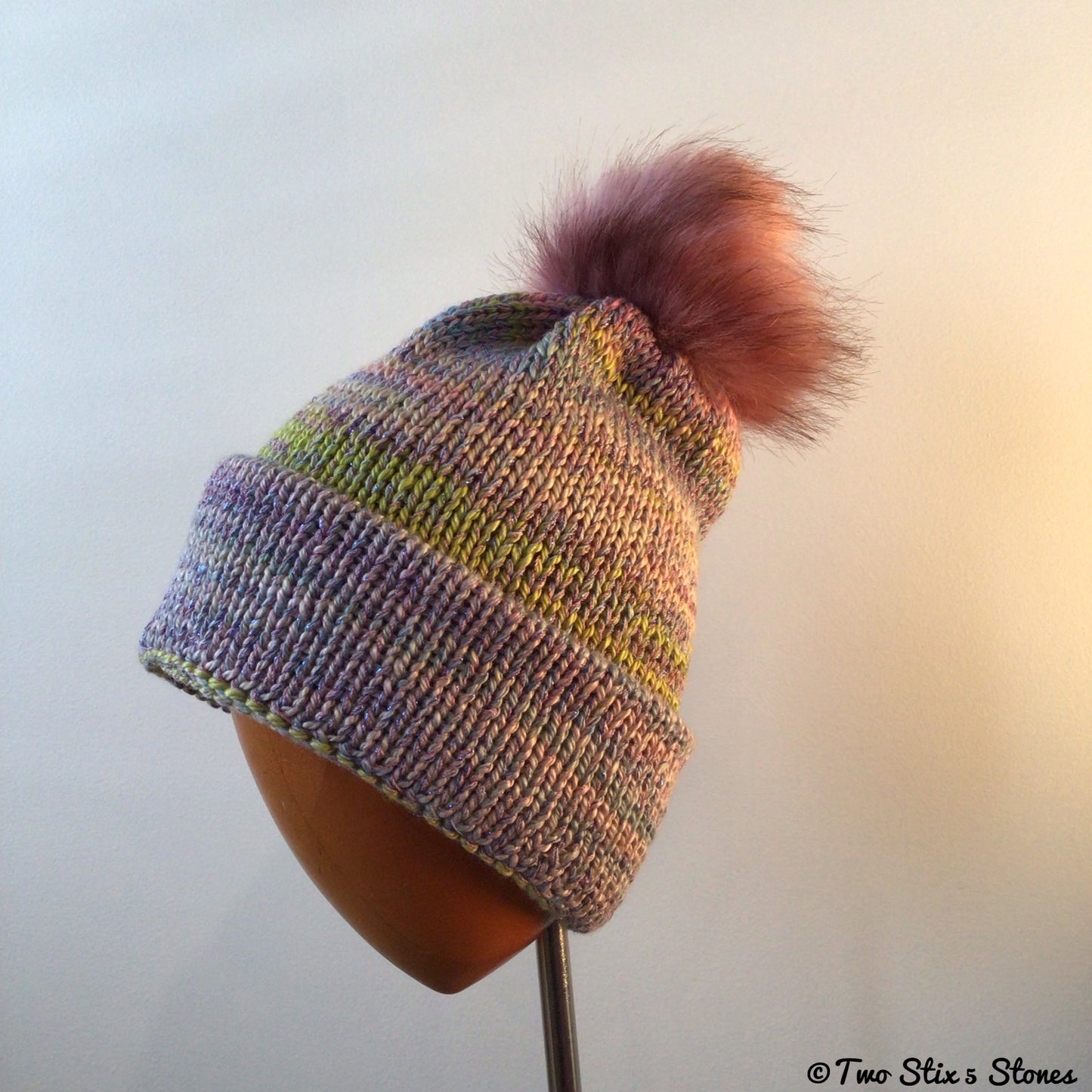 Luxe Pastel Tweed Knit Faux Fur Pom Pom Hat w/Metallic Accents