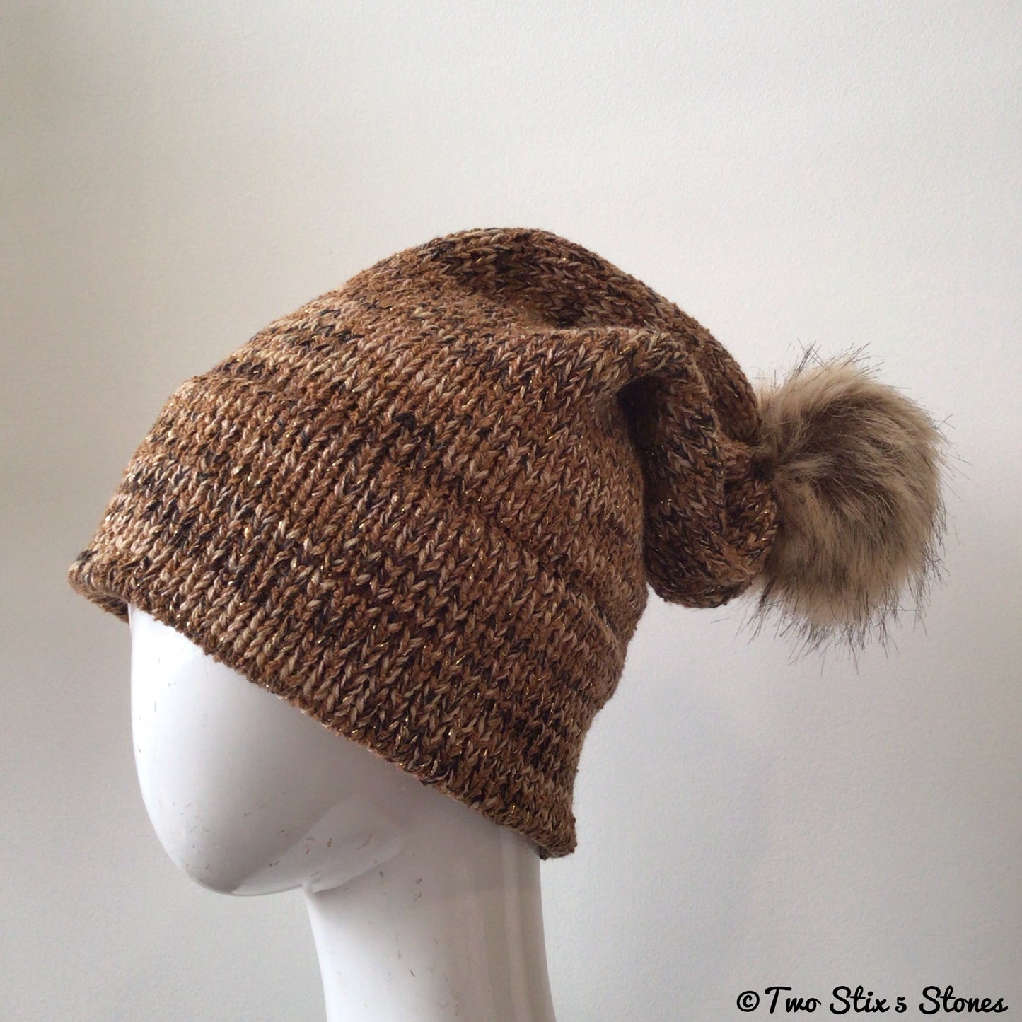 Brown Tweed Knit Beanie/Slouchy Beanie w/Faux Fur Pom Pom