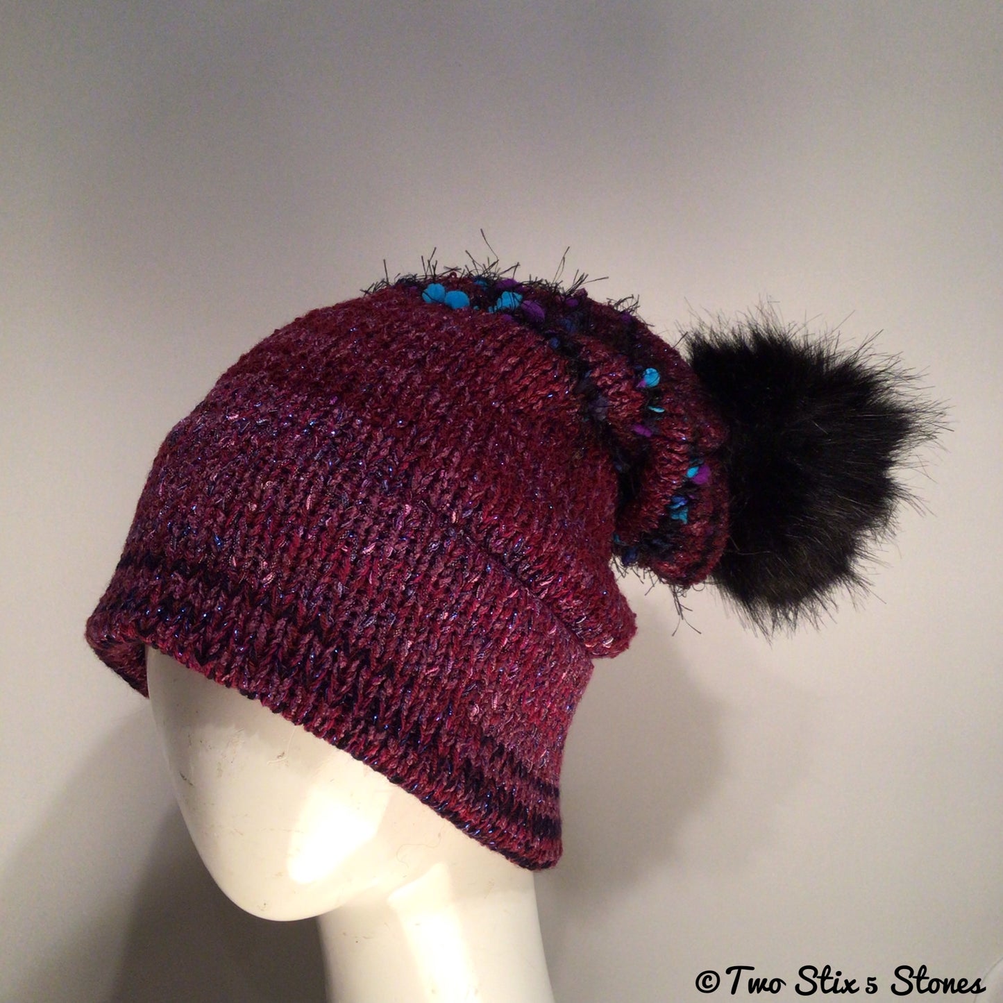 Luxe Wine Tweed Beanie/Slouchy Beanie w/Faux Fur Pom Pom