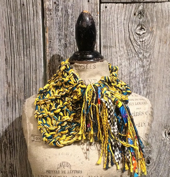 Neon Yellow & Blue Tweed Shawlette w/Fringe