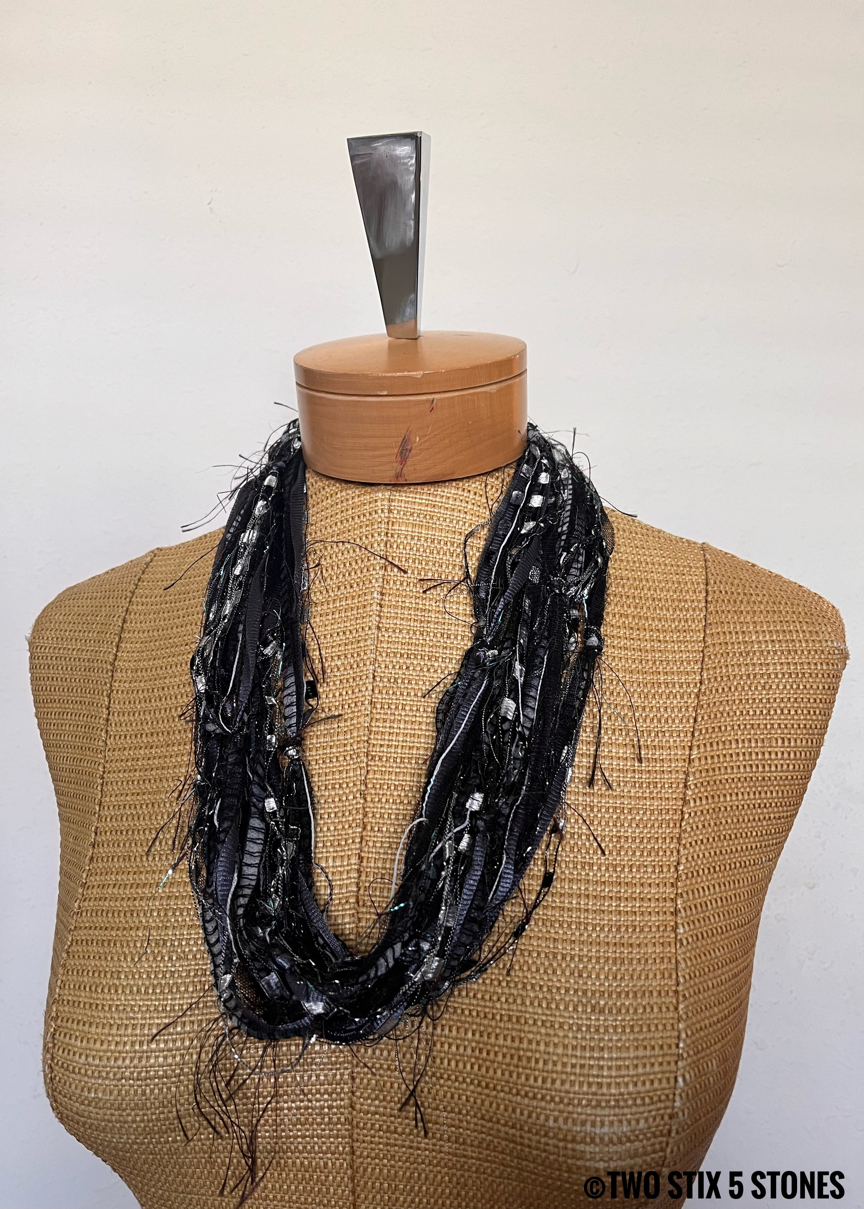 Black & Grey Tones Fiber Necklace w/Band