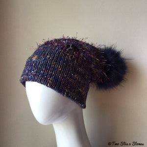 Luxe Purple Tweed Beanie/Slouchy Beanie w/Faux Fur Pom