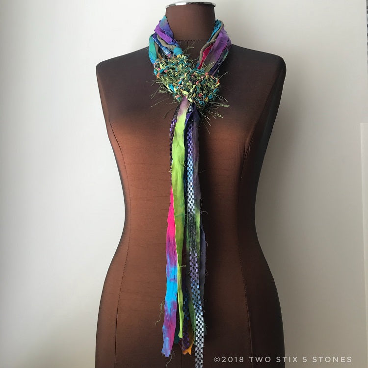 Green Toned Adjustable Scarf w/Fringe
