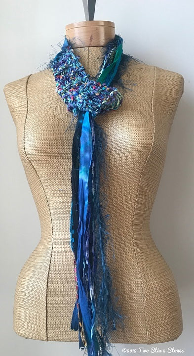 Blue Tweed Adjustable Scarf w/Fringe