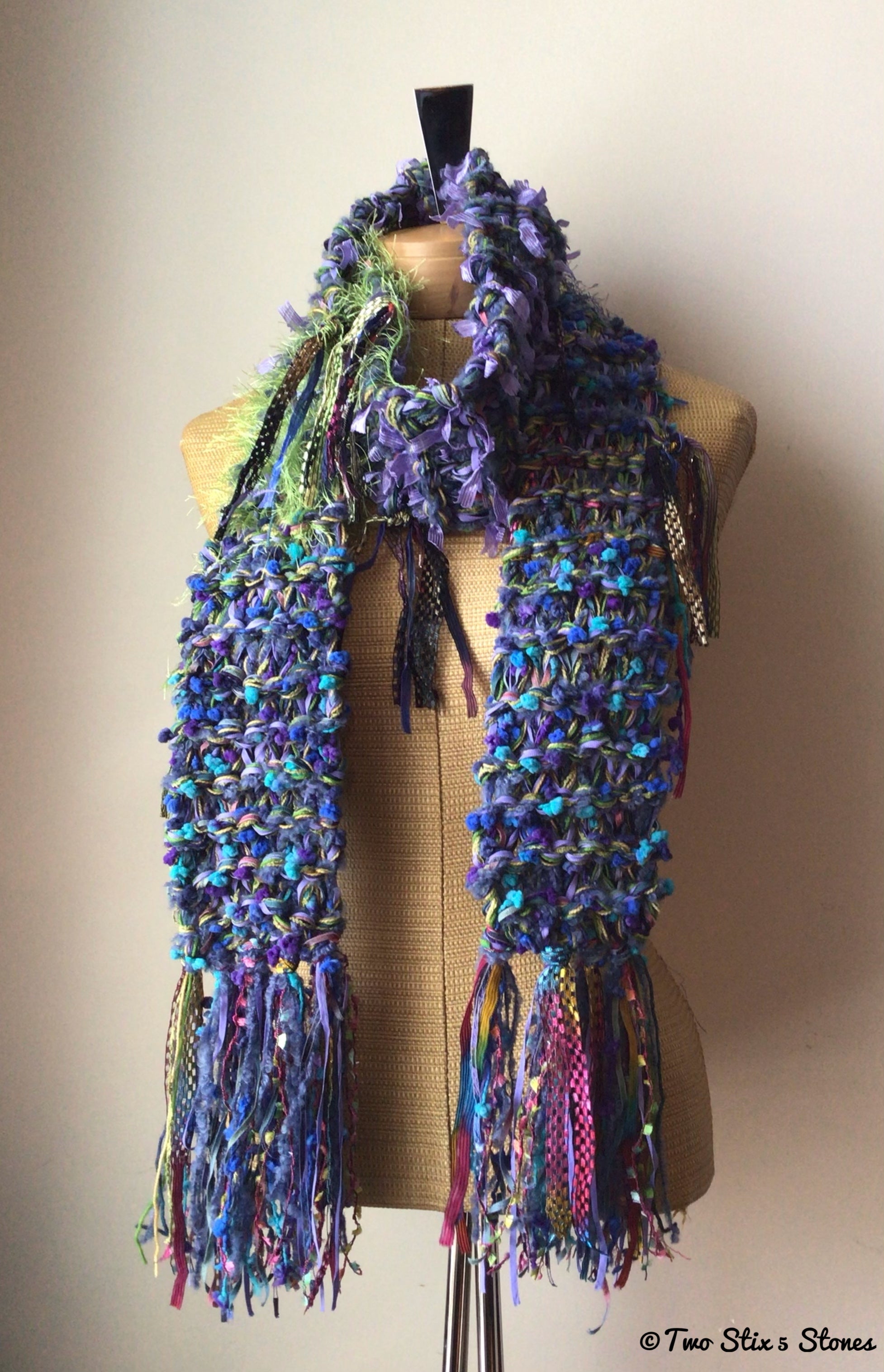 Luxe Lavender/Blue/Green Tweed Hand-Knit Scarf w/Fringe
