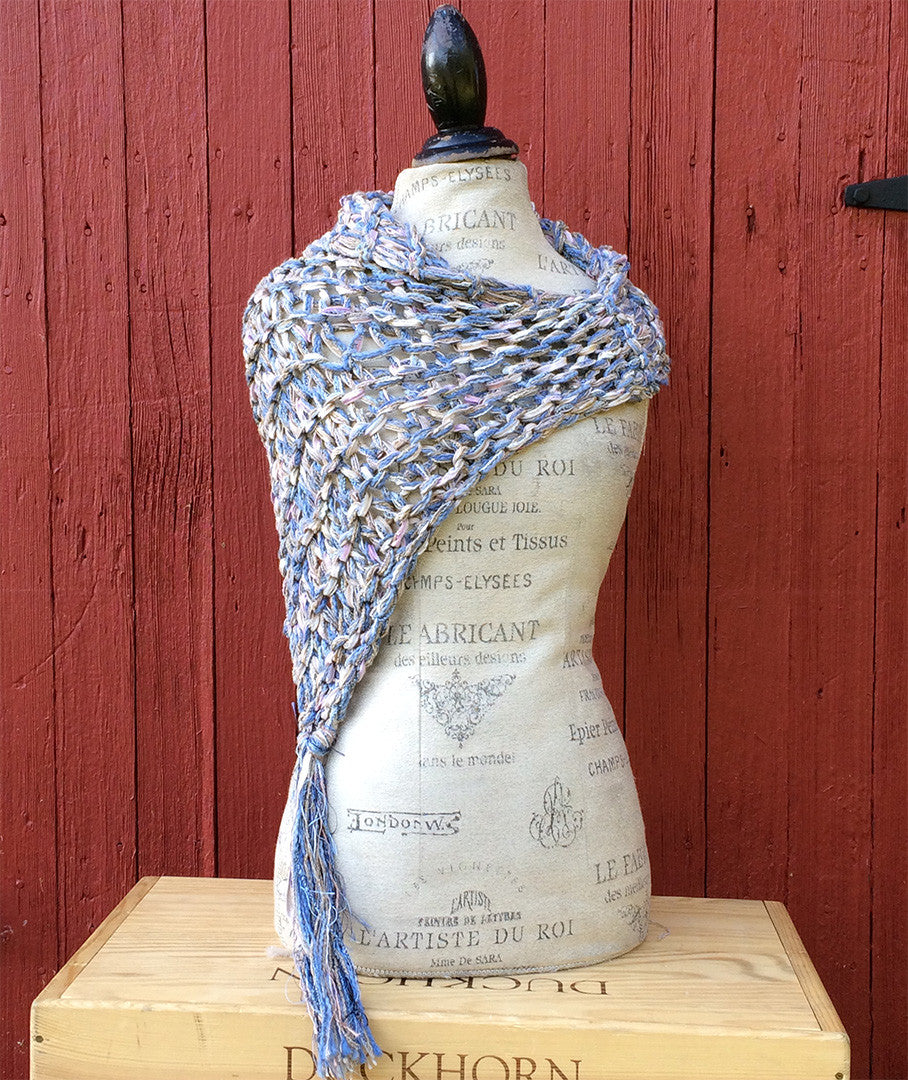 Luxe Blue & Pink Tweed Shawl w/Tassel