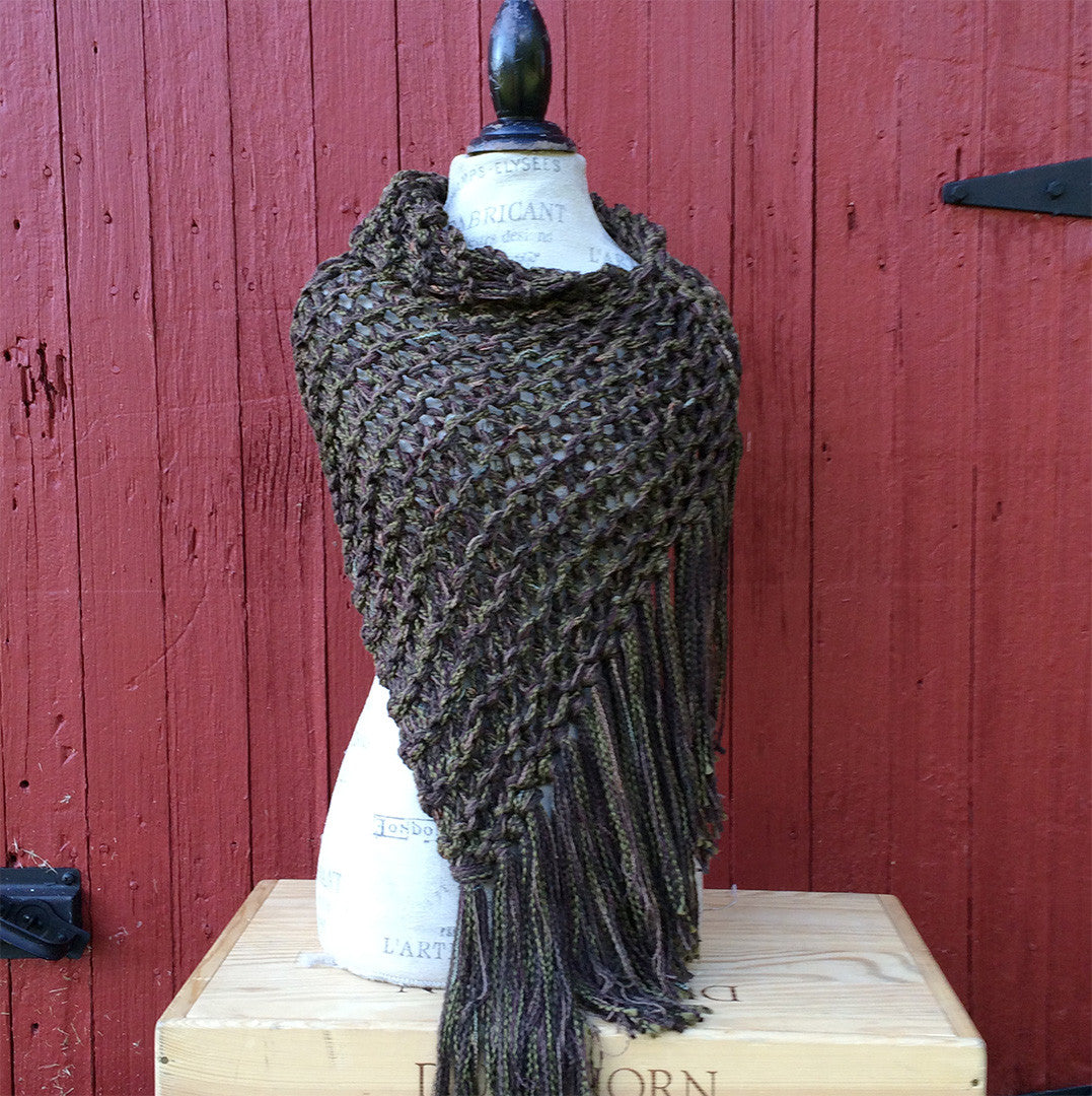 Luxe Brown & Green Tweed Shawl w/Fringe