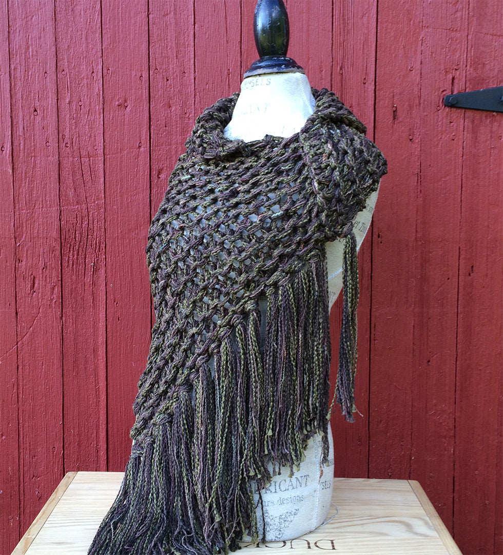Luxe Brown & Green Tweed Shawl w/Fringe