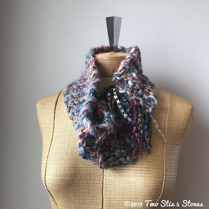 Blue & Coral Tweed Cowl w/Fringe