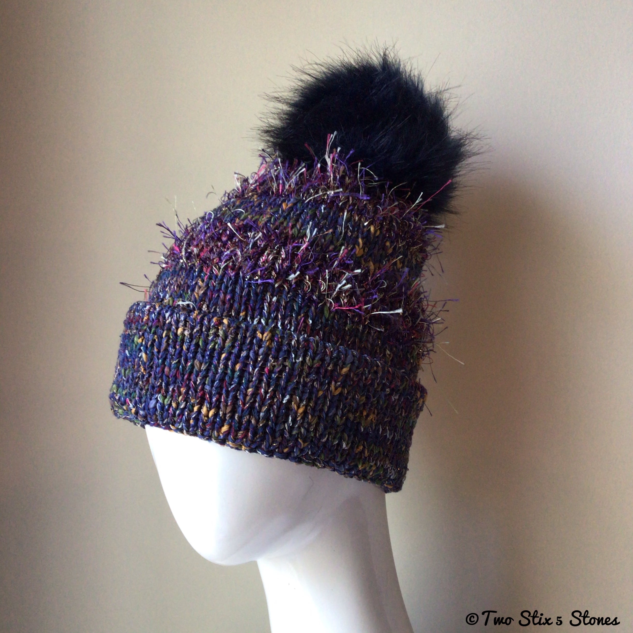 Luxe Purple Tweed Beanie/Slouchy Beanie w/Faux Fur Pom