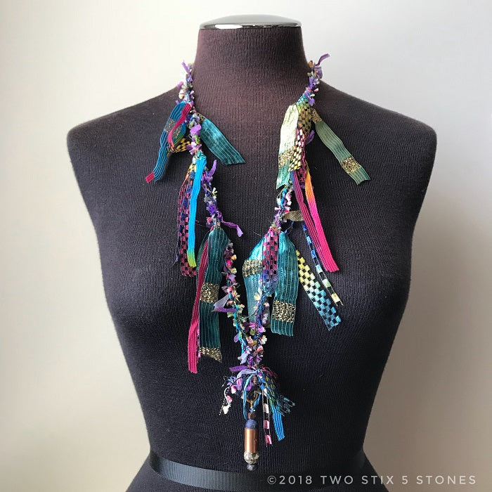 Purple/Blue Tweed Fiber Necklace w/Stones & Copper (FCN008)