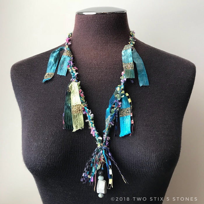 Green Tweed Fiber Necklace w/Stones (FCN016)