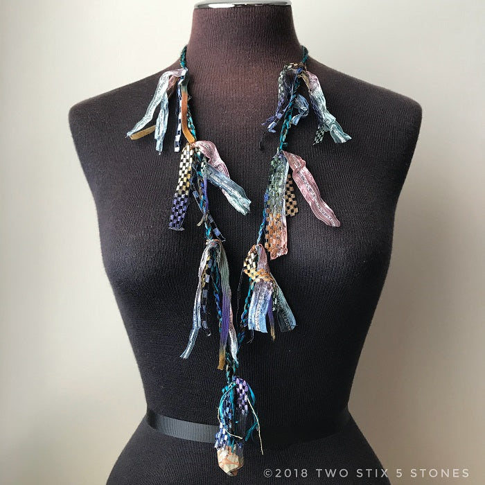 Blue & Green Tweed Fiber Necklace w/Stones (FCN019)