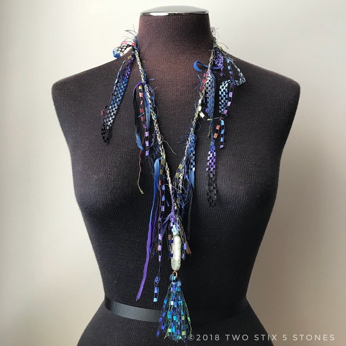 Blue/Green Toned Fiber Necklace w/Stones & Tassel (FCN022)