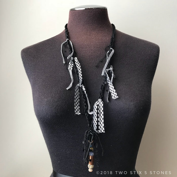 Black & White Fiber Necklace w/Stones & Copper (FCN023)