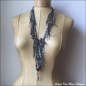 Black & Grey Tweed Fiber Necklace w/Stones