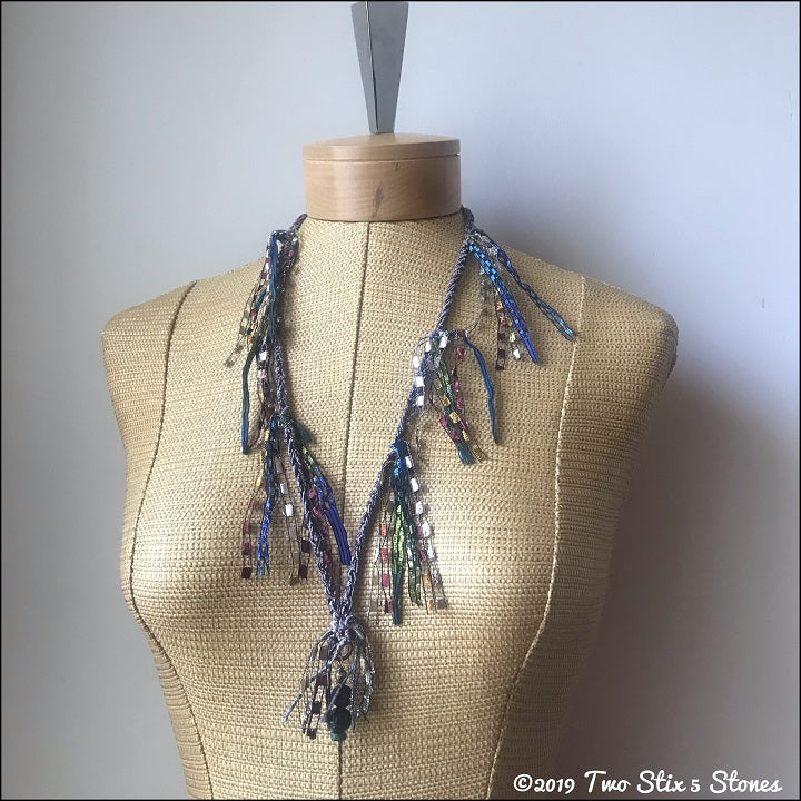 Brown/Grey/Blue Tweed Fiber Necklace w/Stones