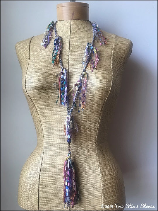 Pink Toned Fiber Necklace Stones & Tassel