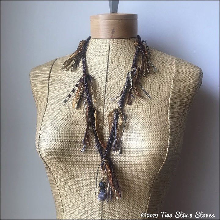 Brown Tweed Fiber Necklace w/Stones