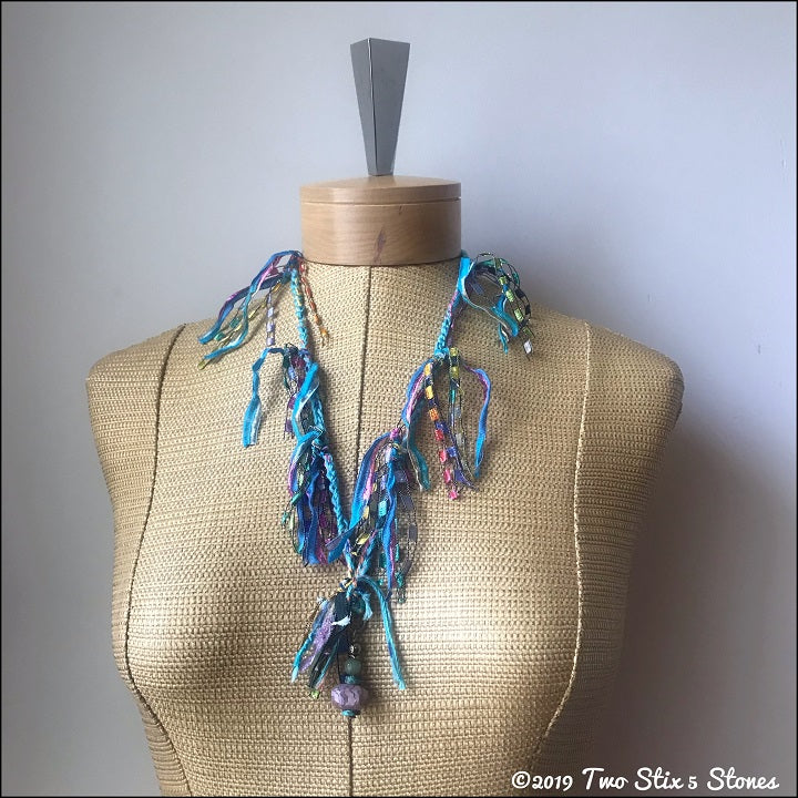 Blue Tweed Fiber Necklace w/Stones