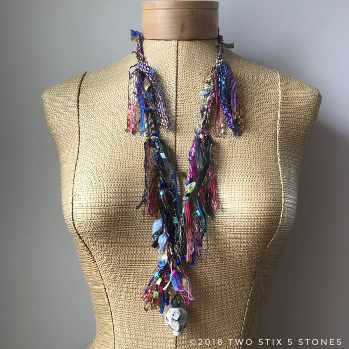 Pink/Blue/Green Toned Fiber Necklace w/Stones (FSB04)