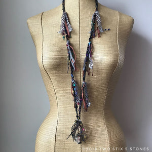 Black & Brown Tweed Fiber Necklace w/Stones (FSB15)