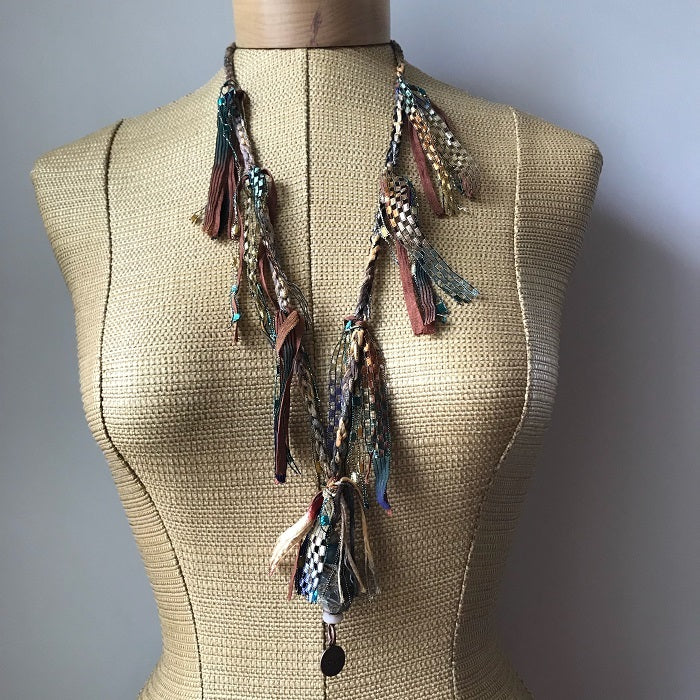 Tan Tweed Fiber Necklace w/Stones & "Love" Pendant (FSB31)