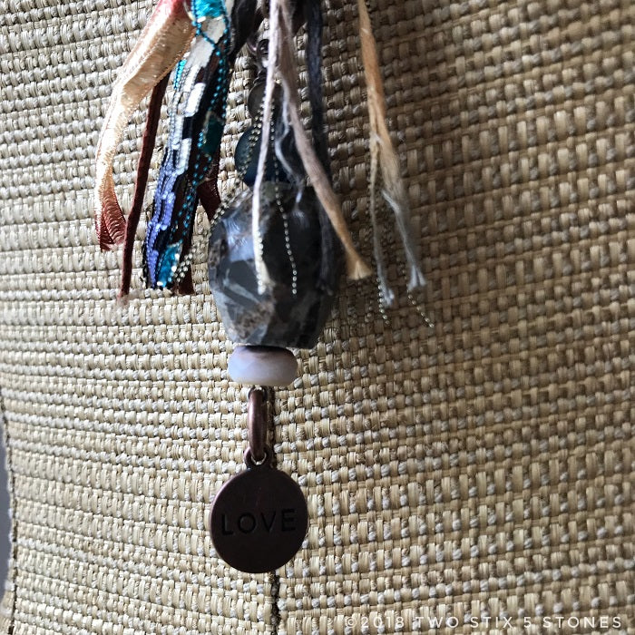 Tan Tweed Fiber Necklace w/Stones & "Love" Pendant (FSB31)