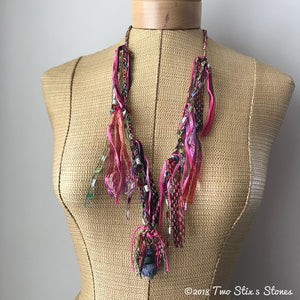 Pink Tweed Fiber Necklace w/Stones (FSB52)