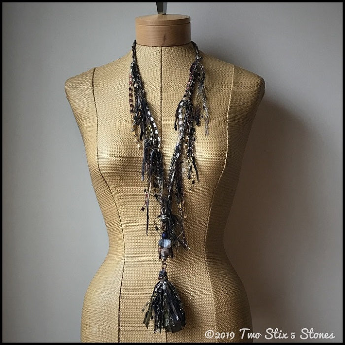 Brown Tweed Fiber Stone Necklace w/*Funky Chic* Tassel