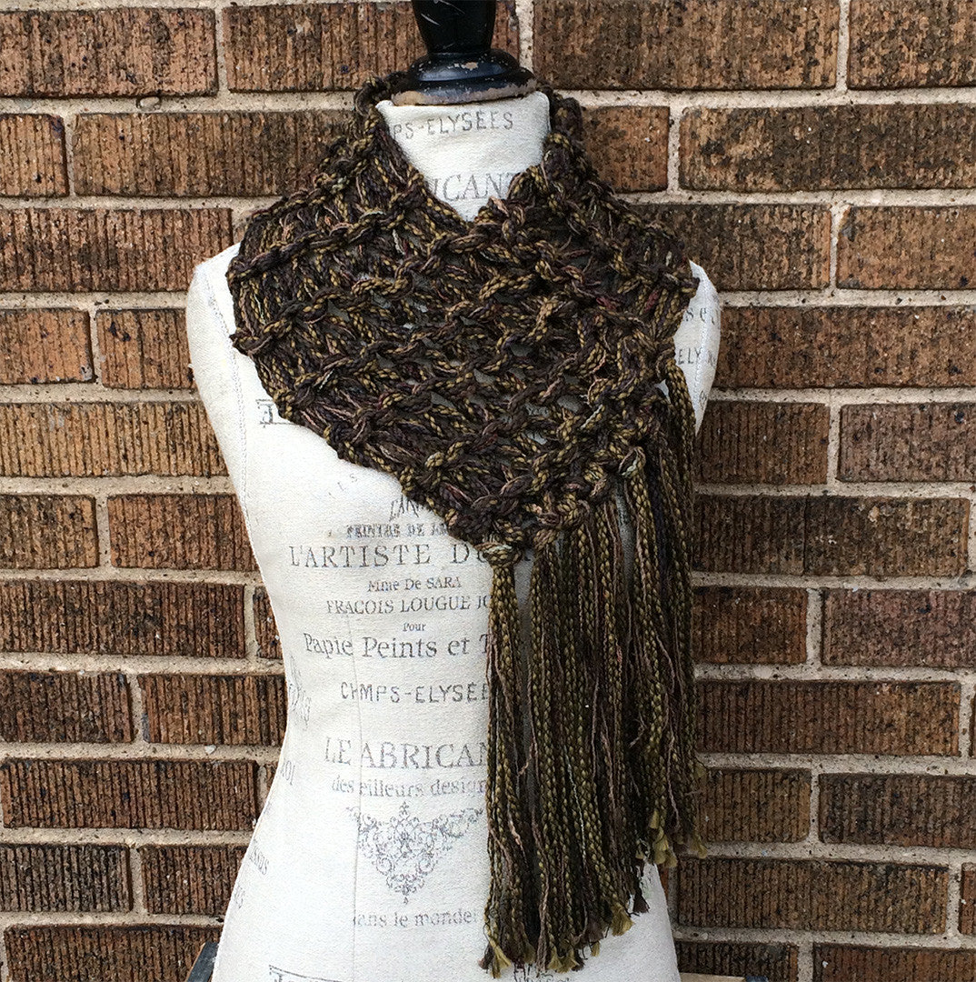 Brown & Green Tweed Shawlette w/Fringe