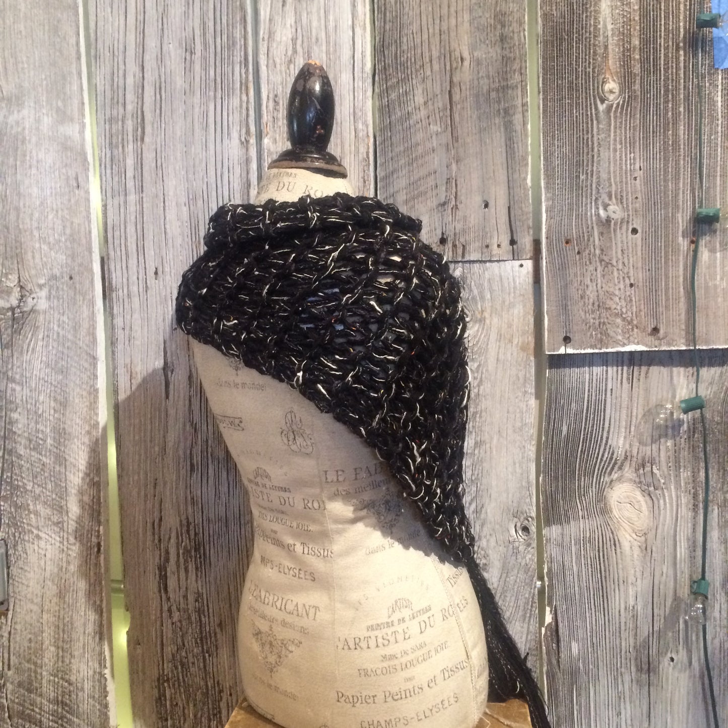 Black Tweed Shawl w/Tassel & Ceramic Button