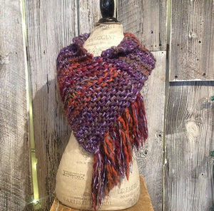 Orange Purple Variegated Wool Tweed Shawl w/Fringe