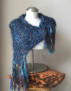Metallic Blue Tweed Shawl w/Fringe, (SH706)