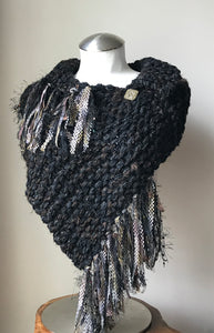 Black Tweed Shawl w/Fringe & Ceramic Button,