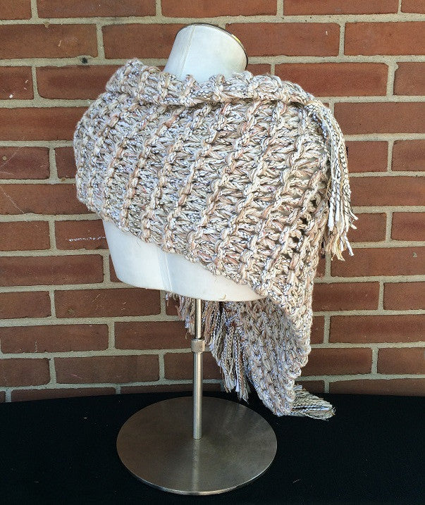 Ivory Tweed Shawl w/Fringe & Button, (SH62)