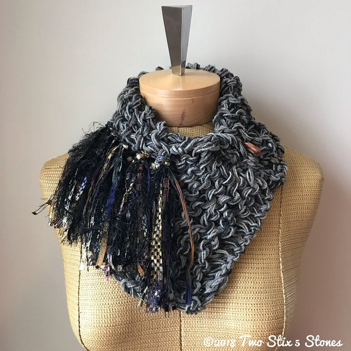Grey & Black Tweed Shawlette w/Fringe